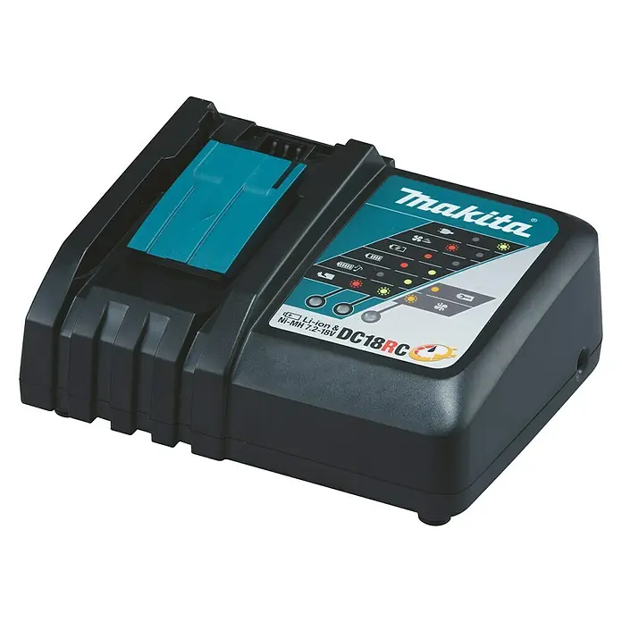 Makita LXT 18V Batterie-Ladegerät DC18RC - Akkuspannung: 18 V - Nahaufnahme eines Makita DC18RC Akku-Ladegeräts, das zum Aufladen von Elektrowerkzeugakkus verwendet wird.