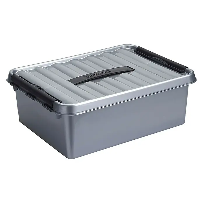 Sunware Aufbewahrungsbox Q-Line - L x B x H: 40 x 30 x 14 cm, Kunststoff, Metallfarbig - Graue Kunststoffbox mit geripptem Deckel und schwarzen Griffen, ideal zur Aufbewahrung und Organisation von Gegenständen.
