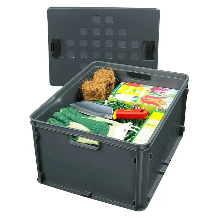 Sunware Aufbewahrungsbox Square - L x B x H: 50,6 x 40,6 x 26,1 cm, Kunststoff, Anthrazit, Geschlossen - Eine graue Aufbewahrungsbox mit Gartengeräten und einem Deckel daneben, ideal für die Organisation Ihrer Werkzeuge.