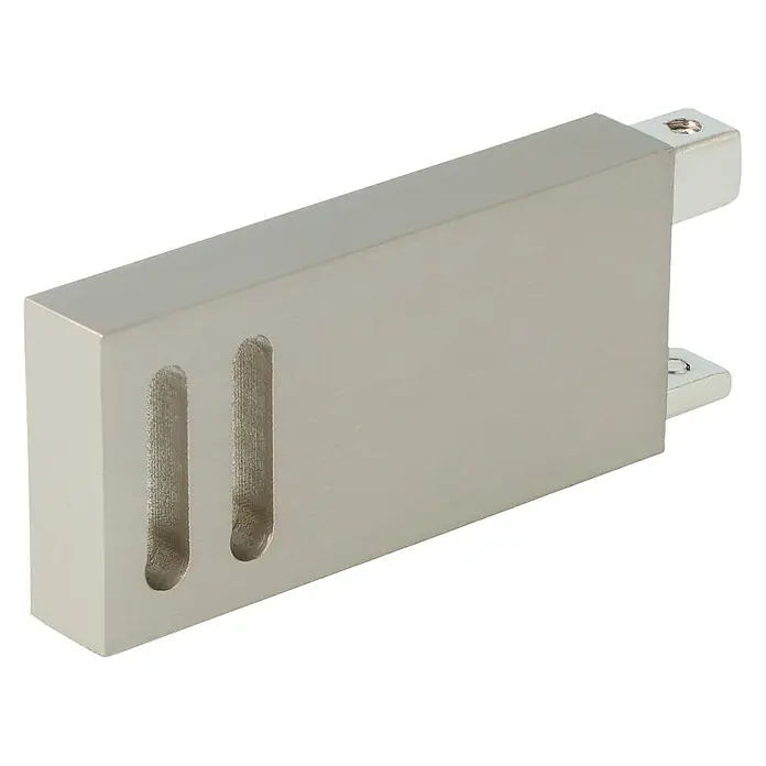 Expo Ambiente Endstück Clear - Edelstahloptik, Geeignet für: 32 x 11 mm Profil - Ein rechteckiger, silberfarbener Dehnungsmessstreifen mit zwei Schlitzen und zwei Laschen für eine einfache Montage.