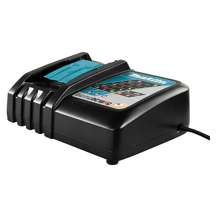 Makita LXT 18V Batterie-Ladegerät DC18RC - Akkuspannung: 18 V - Makita DC18RC Akku-Ladegerät in Schwarz und Türkis, ideal zum Aufladen von 18-Volt-Akkus für Elektrowerkzeuge.