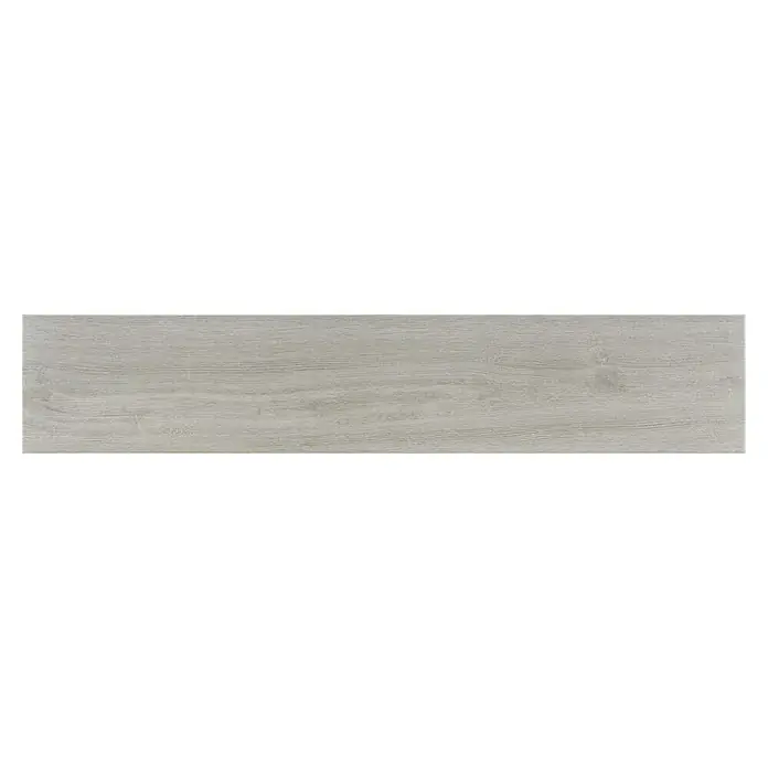 Pavimento porcelánico Trunk - 120 x 23 cm, Gris, Mate - Baldosa de suelo con aspecto de madera clara, ideal para interiores modernos. La baldosa ofrece una estética natural y es fácil de mantener.