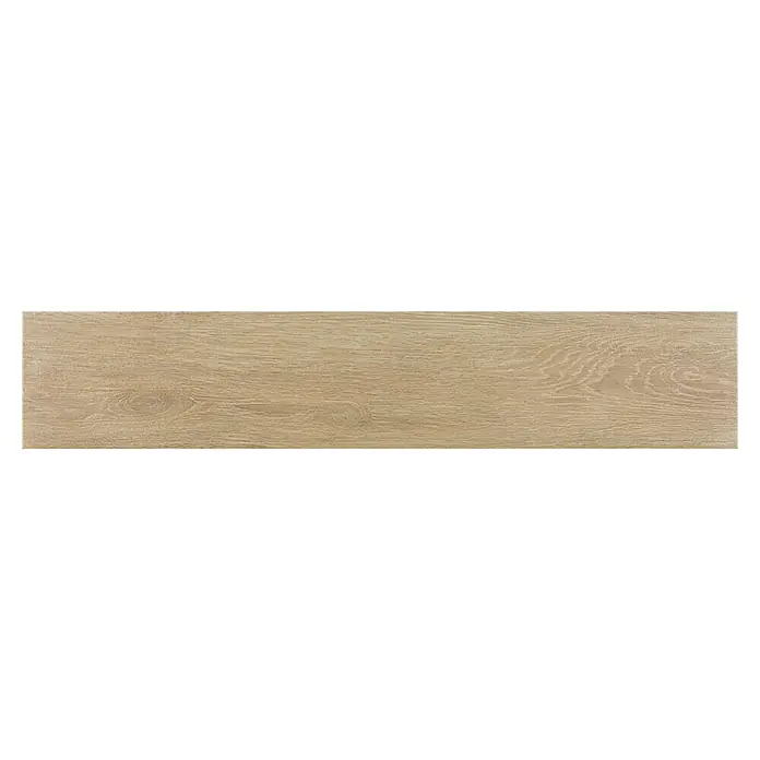 Pavimento porcelánico Trunk - 120 x 23 cm, Honey, Mate - Primer plano de un panel de textura de madera marrón claro que muestra distintos patrones de vetas. Ideal para muebles y suelos con encanto natural.