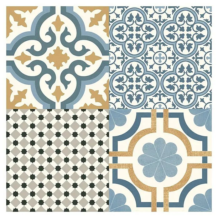 Pavimento porcelánico hidráulico Windsor - 45 x 45 cm, Azul/Gris/Crema, Mate - Juego de azulejos decorativos con diversos patrones en tonos de azul, dorado y gris para un diseño interior elegante.