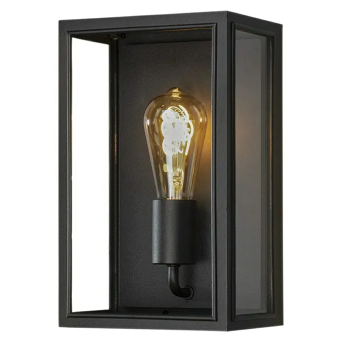 Konstsmide Außenwandleuchte Carpi - 60 W, 13,5 x 18 x 30 cm, Schwarz, IP44 - Schwarze Außenwandleuchte mit Edison-Glühbirne im Vintage-Stil. Die Lampe ist in einem rechteckigen Rahmen aus Metall eingefasst und hat eine klare Glasabdeckung.