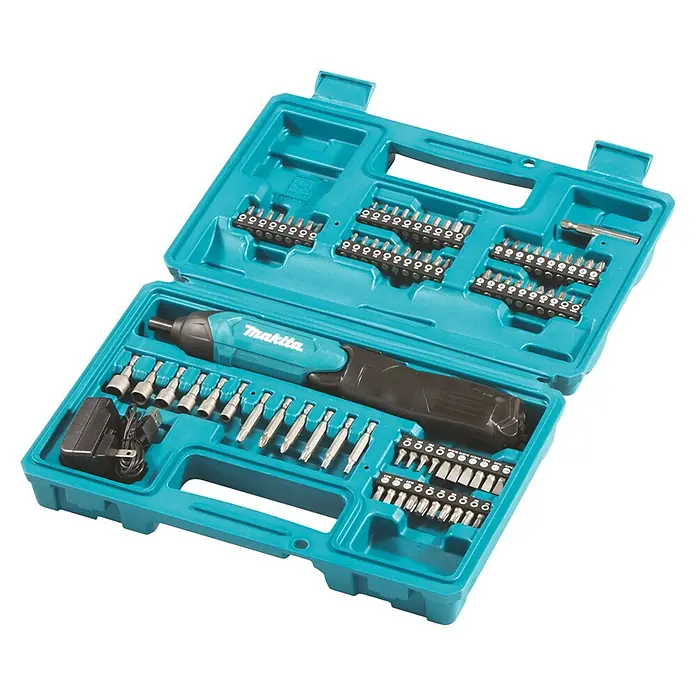 Makita Akku-Knickschrauber DF001DW - 3,6 V, 1 Akku, 4 Nm - Makita Akku-Schrauber-Set mit einer Vielzahl von Bits und Zubehör in einem praktischen türkisfarbenen Tragekoffer.