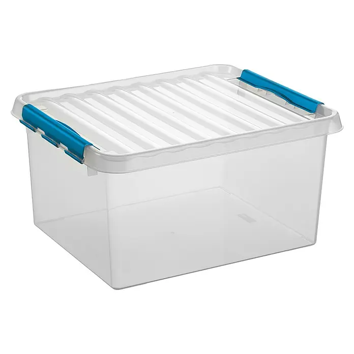 Sunware Aufbewahrungsbox Q-Line - L x B x H: 50 x 40 x 26 cm, Kunststoff, Transparent, Farbe Griff: Blau - Ein transparenter, stapelbarer Aufbewahrungsbehälter mit blauem Verschluss und weißem Deckel für eine übersichtliche Lagerung im Haushalt.