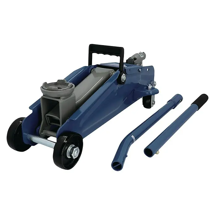 Cartrend Hydraulischer Rangierwagenheber - Belastbarkeit: 2.000 kg - Ein blauer hydraulischer Wagenheber mit Griffstücken, ideal zum Heben von Fahrzeugen für Reparaturen und Wartungsarbeiten.