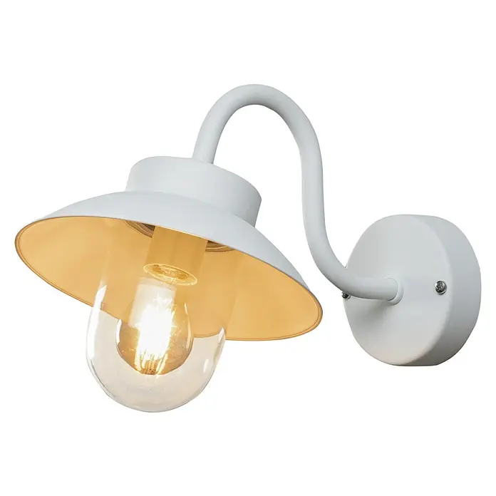 Konstsmide Außenwandleuchte Vega Mini - 60 W, Weiß, IP44 - Nahaufnahme einer stilvollen weißen Wandleuchte mit klarem Glas und warmem Licht.