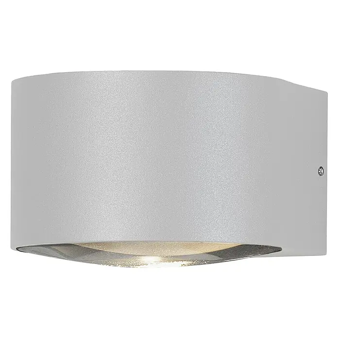Konstsmide LED-Außenwandleuchte Gela - 12 W, 15,5 x 11 x 6,5 cm, Weiß, IP54 - Nahaufnahme einer grauen Außenleuchte mit einer abgerundeten Form, die sanftes, nach unten gerichtetes Licht spendet, ideal für Fassaden.