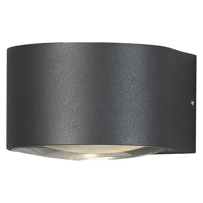 Konstsmide LED-Außenwandleuchte Gala - 6 W, 15,5 x 11 x 6,5 cm, Anthrazit, IP54 - Nahaufnahme einer schwarzen Außenwandleuchte mit sanftem Lichtschein nach unten für stimmungsvolle Beleuchtung.