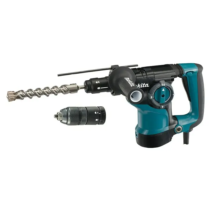 Makita Martillo combinado HR2811FT - 800 W, 2,8 J, Portabrocas de sujeción rápida - Imagen de un martillo perforador combinado Makita con portabrocas intercambiable y broca sobre un fondo negro.