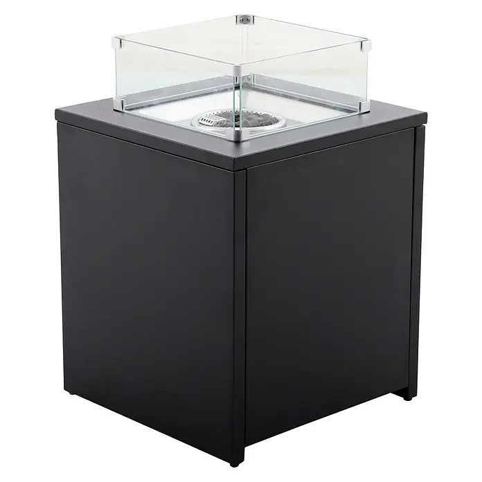 MWH Feuerstelle Palermo - 55 x 55 x 79 cm, Aluminium, Schwarz - Quadratischer schwarzer Tisch-Feuertisch mit einem quadratischen Glaswindschutz für eine gemütliche Atmosphäre.