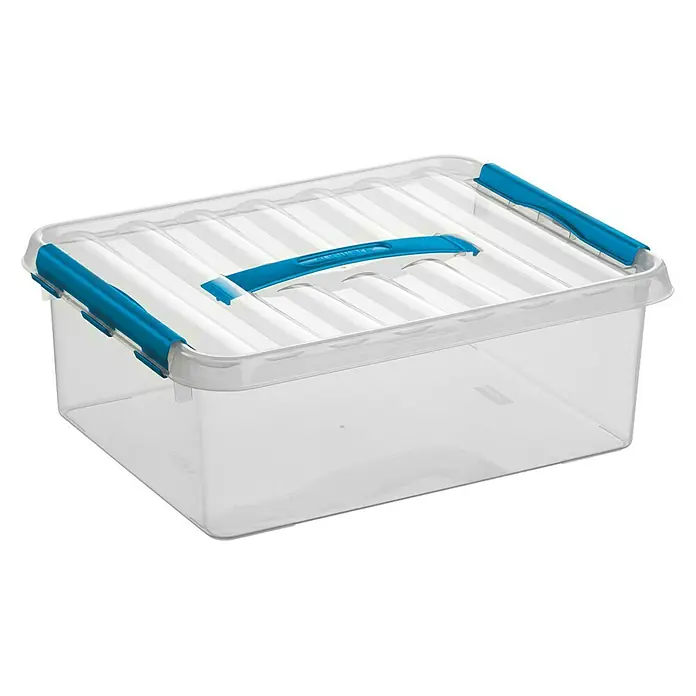 Sunware Aufbewahrungsbox Q-Line - L x B x H: 40 x 30 x 14 cm, Kunststoff, Transparent, Farbe Griff: Blau - Transparente Aufbewahrungsbox mit blauem Deckel und Griffen, ideal für die Organisation von Gegenständen im Haushalt.