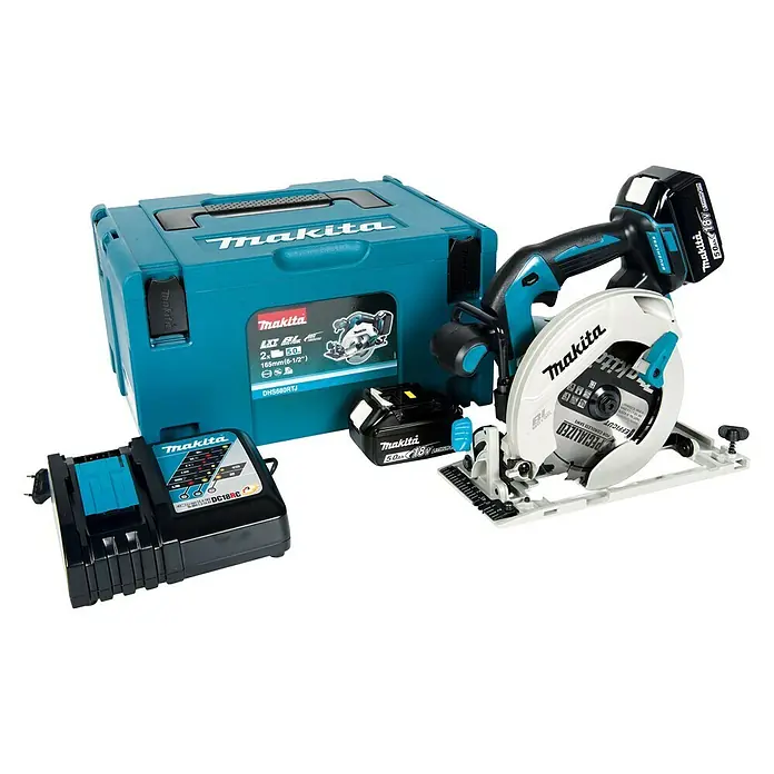 Makita LXT 18V Akku-Handkreissäge DHS680RTJ - 18 V, 2 Akkus, 5 Ah, Leerlaufdrehzahl: 5.000 U/min - Makita Akku-Kreissäge-Set mit Ladegerät, Akkus und Transportkoffer. Das Set ist ideal für präzise Holzarbeiten und mobile Einsätze.