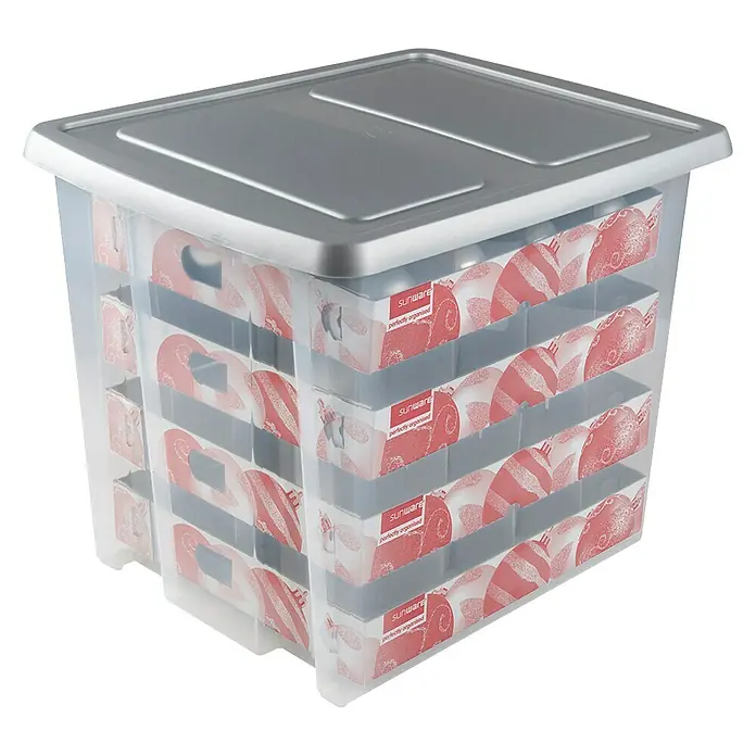 Sunware Aufbewahrungsbox Nesta für Weihnachtskugeln - Passend für: 64 Christbaumkugeln (Ø 70 - 80 mm), L x B x H: 46 x 36,5 x 36,5 cm, Kunststoff, Transparent, Farbe Deckel: Grau - Eine durchsichtige Sunware Q-line Aufbewahrungsbox mit einem silbernen Deckel, ideal für eine übersichtliche und stilvolle Aufbewahrung.