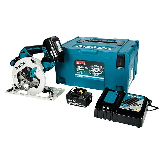 Makita LXT 18V Akku-Handkreissäge DHS680RTJ - 18 V, 2 Akkus, 5 Ah, Leerlaufdrehzahl: 5.000 U/min - Makita DHS680RTJ Akku-Handkreissäge im Set mit Akkus, Ladegerät und Werkzeugkoffer. Ideal für präzise Holzarbeiten.