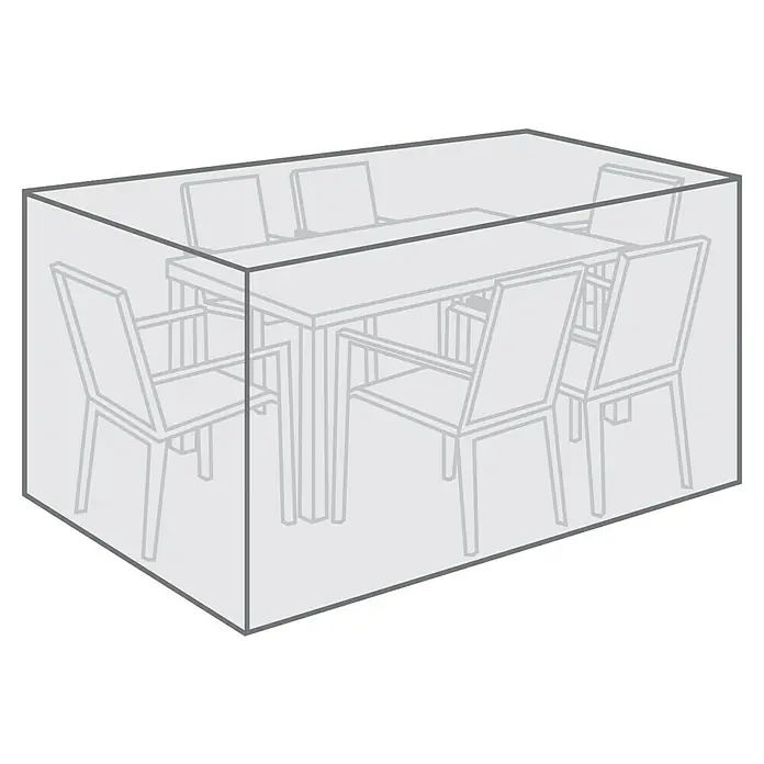 Sunfun Sitzgruppen-Schutzhülle XL - L x B x H: 380 x 140 x 85 cm, Polyester, 160 g/m², Schwarz/Anthrazit - Diese Abbildung zeigt eine rechteckige Gartenmöbel-Abdeckplane in Grau, die über einer Tischgruppe gelegt wurde, um sie vor Witterungseinflüssen zu schützen.