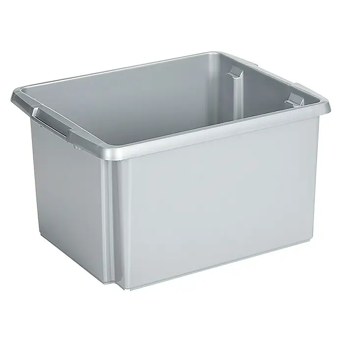 Sunware Aufbewahrungsbox Nesta - L x B x H: 46 x 36 x 25 cm, Kunststoff, Silber - Abgebildetes Produkt: Eine graue Aufbewahrungsbox aus Kunststoff mit Griffen, ideal für Lagerung und Organisation im Haushalt oder im Büro.