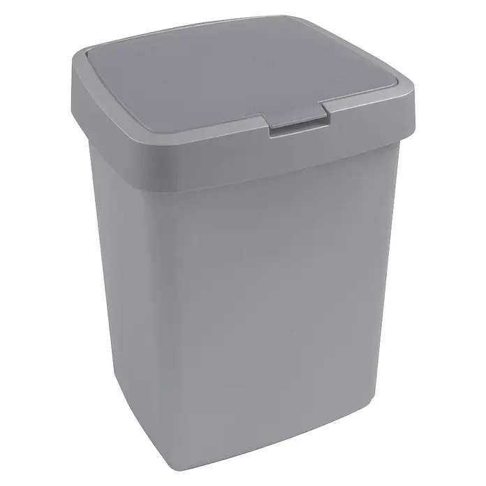 Sunware Standard Mülleimer Delta - 10 l, Grau, Kunststoff - Ein grauer, quadratischer Abfalleimer mit einem dunkleren grauen Deckel, ideal für Badezimmer oder Büros.