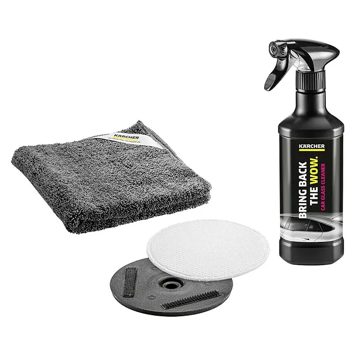 Kärcher Reinigungs-Set - 4 -tlg., Passend für: Kärcher Akku-Eiskratzer EDI 4 - Produktaufnahme eines Kärcher Glasreiniger-Sets mit Sprühflasche, Mikrofasertuch und Reinigungspads für streifenfreie Sauberkeit.