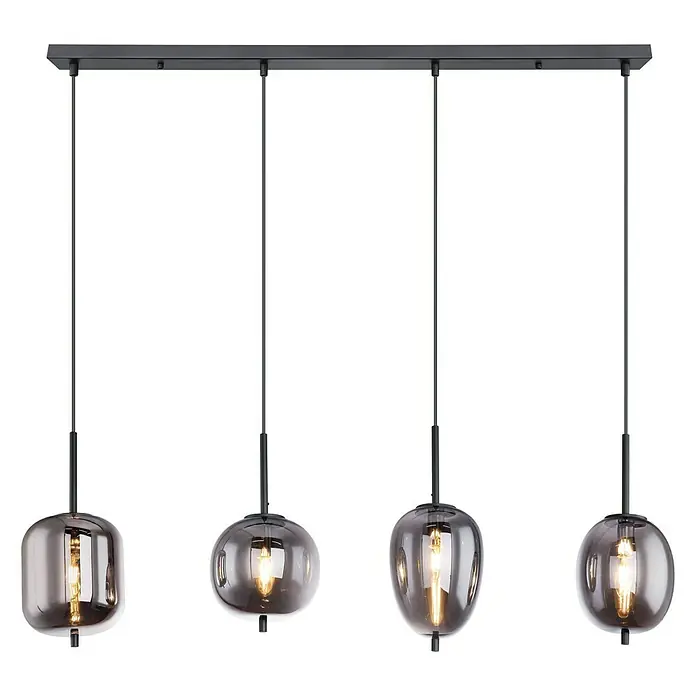 Globo Lámpara colgante LED Blacky I - Número de bombillas: 4 ud., Negro, 40 W, L x An x Al: 100 x 185 x 120 cm, E14 - Elegante lámpara colgante con cuatro pantallas de vidrio ahumado. Una iluminación chic para espacios habitables modernos.