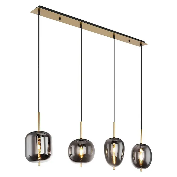 Globo LED-Pendelleuchte Blacky I - 160 W, Anzahl Leuchtmittel: 4 Stk., L x B x H: 110 x 18,5 x 120 cm, E14, Schwarz - Die moderne Pendelleuchte mit vier rauchgrauen Glasschirmen und goldenen Akzenten sorgt für stilvolle Beleuchtung.