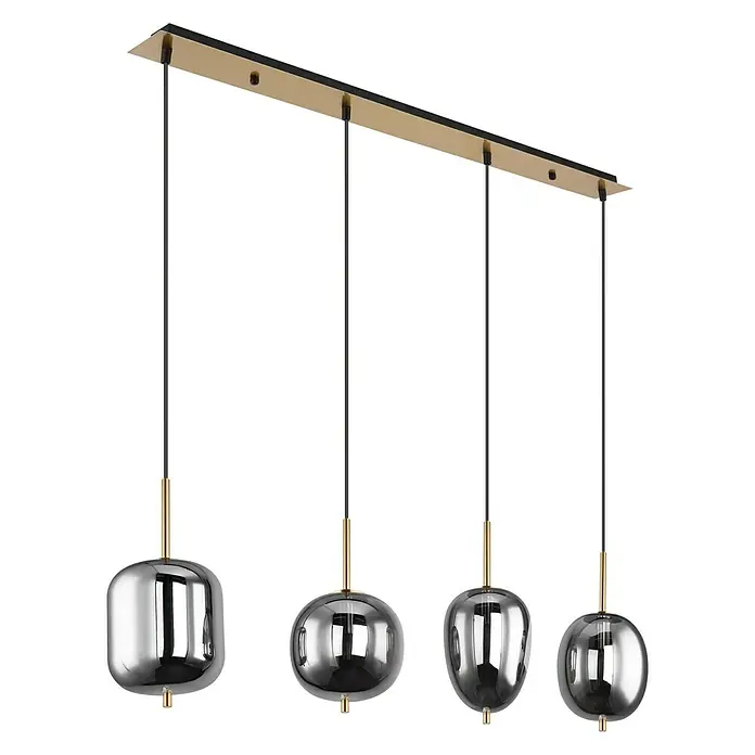 Globo LED-Pendelleuchte Blacky I - 160 W, Anzahl Leuchtmittel: 4 Stk., L x B x H: 110 x 18,5 x 120 cm, E14, Schwarz - Moderne Pendelleuchte mit vier unterschiedlich geformten, silberfarbenen Glasschirmen und goldenen Akzenten.