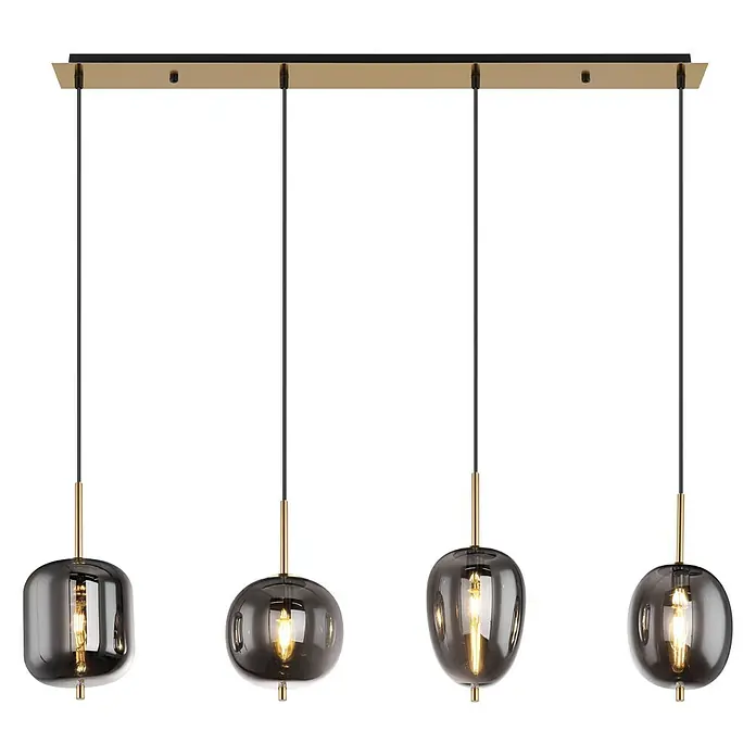 Globo LED-Pendelleuchte Blacky I - 160 W, Anzahl Leuchtmittel: 4 Stk., L x B x H: 110 x 18,5 x 120 cm, E14, Schwarz - Elegante Pendelleuchte mit vier rauchfarbenen Glasschirmen und goldfarbenen Akzenten. Ein stilvolles Beleuchtungselement für modernes Ambiente.