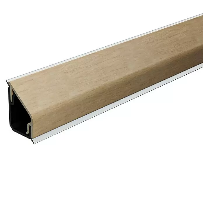 Kantoflex Wandabschlussprofil Design 3251 Chalete Eiche - 300 x 1,6 x 2,4 cm - Heller Übergangsprofil mit Holzmaserung, schwarzer Basis und Metalleinfassung.