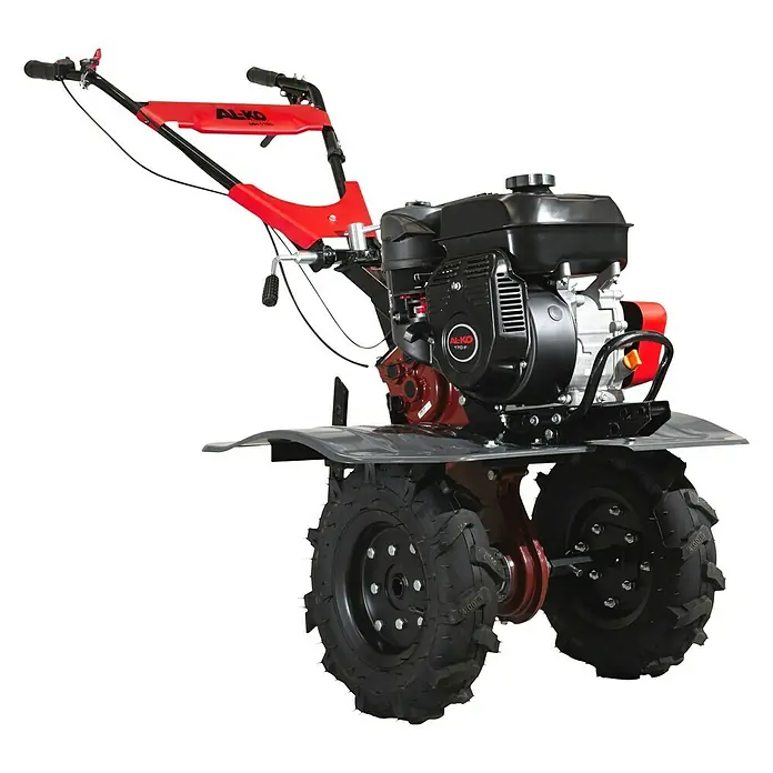 AL-KO Comfort Benzin-Bodenhacke MH 1150 Comfort - 3,6 kW, 4-Takt, Max. Flächenempfehlung: 670 m² - Produktbild einer AL-KO Motorhacke. Das Gartengerät in Rot und Schwarz ist ideal für die Bodenbearbeitung im Garten.