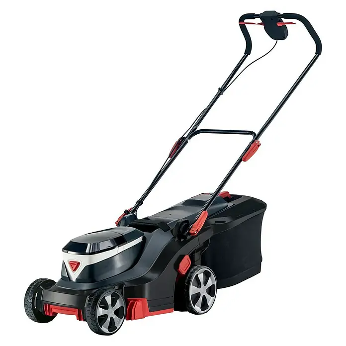 AL-KO Bosch Home & Garden Compatible Akku-Rasenmäher 38.2 Li - 18 V, 2 Akkus, 4 Ah, Schnittbreite: 38 cm - Ein akkubetriebener Rasenmäher in Schwarz und Rot, der für effizientes und kabelloses Mähen im Garten konzipiert wurde.