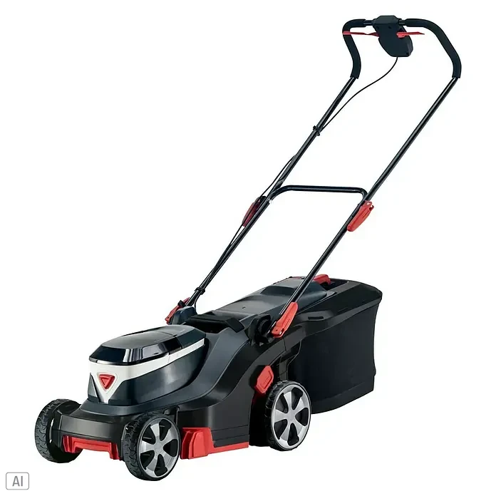 AL-KO Bosch Home & Garden Compatible Akku-Rasenmäher 38.2 Li - 18 V, 2 Akkus, 4 Ah, Schnittbreite: 38 cm - Ein akkubetriebener Rasenmäher in Schwarz und Rot, der für effizientes und kabelloses Mähen im Garten konzipiert wurde.