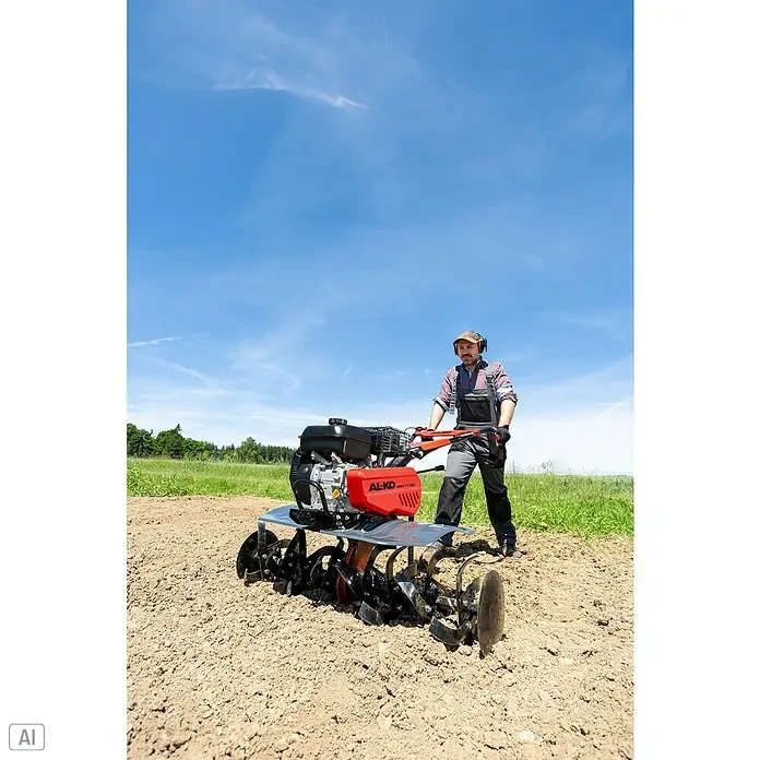 AL-KO Comfort Benzin-Bodenhacke MH 1150 Comfort - 3,6 kW, 4-Takt, Max. Flächenempfehlung: 670 m² - Ein Landwirt bedient eine AL-KO MH 1150 Motorhacke auf einem Acker. Die Maschine ist rot und schwarz und lockert den Boden für die Aussaat.