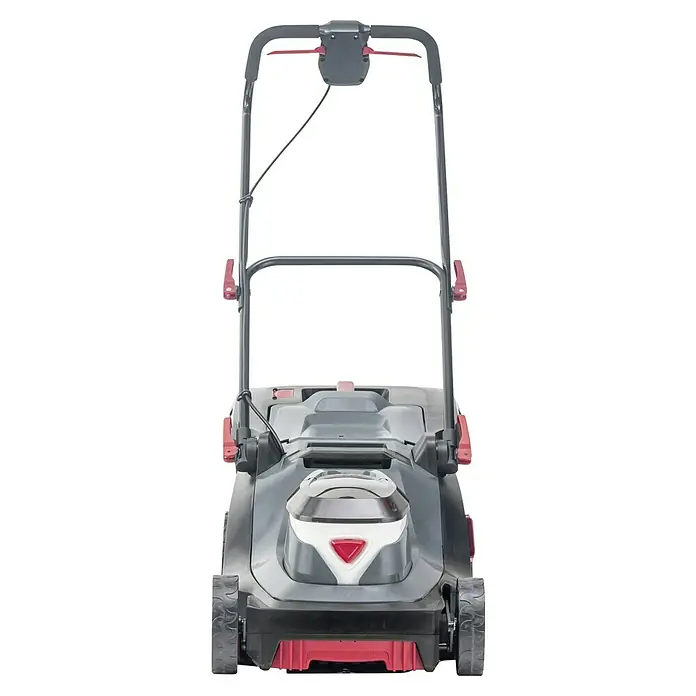 AL-KO Bosch Home & Garden Compatible Akku-Rasenmäher 38.2 Li - 18 V, 2 Akkus, 4 Ah, Schnittbreite: 38 cm - Nahaufnahme eines Rasenmähers mit verstellbarem Griff und rotem Akzent, der ein gepflegtes Erscheinungsbild verspricht.
