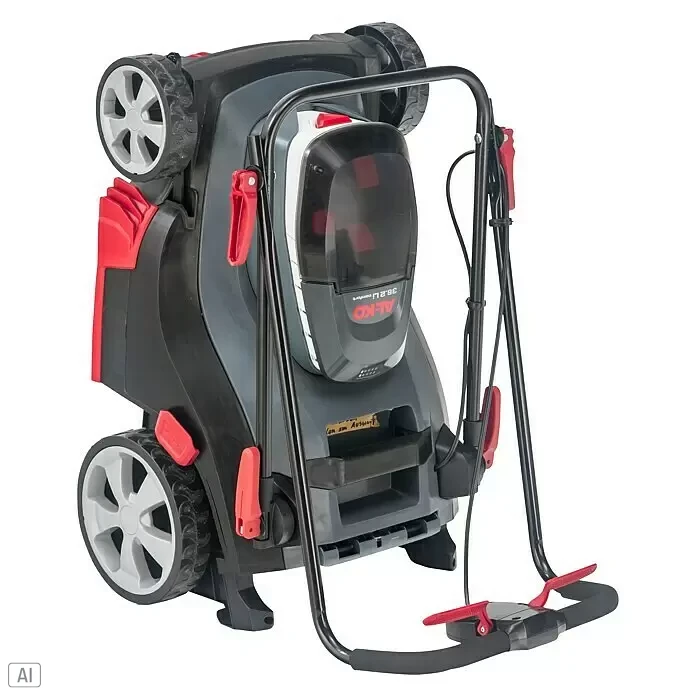 AL-KO Bosch Home & Garden Compatible Akku-Rasenmäher 38.2 Li - 18 V, 2 Akkus, 4 Ah, Schnittbreite: 38 cm - Grauer und schwarzer Elektromäher mit roten Akzenten, hochkant zur Lagerung gefaltet, mit Rädern und Griff.