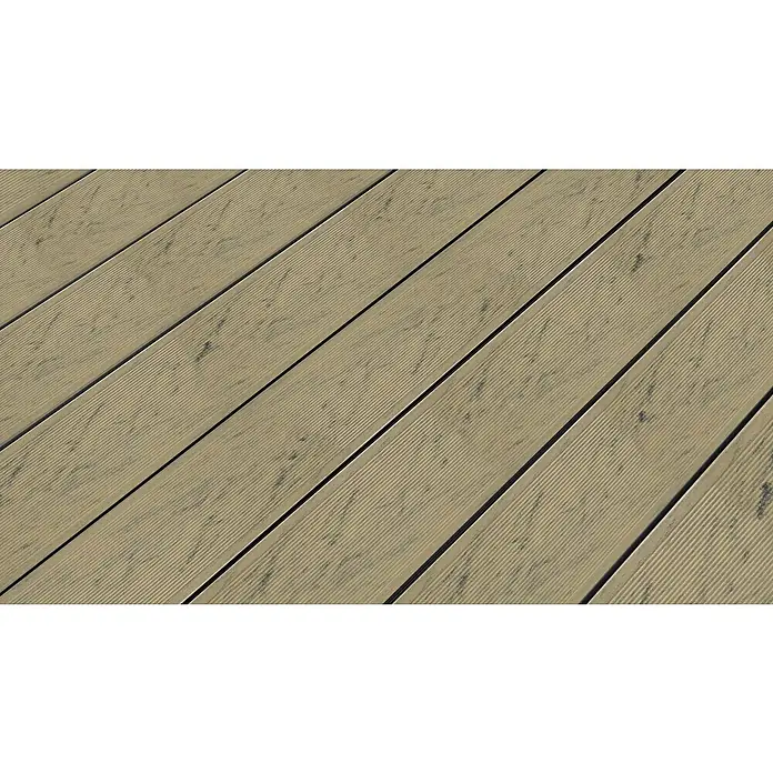 Kovalex WPC-Terrassendiele Massiv mit Struktur nach MaßSamtesche, Mattiert, 460 x 14,5 x 2 cm - Nahaufnahme von Terrassendielen mit feiner Riffelung in natürlicher Holzoptik, ideal für Außenbereiche und Garten.