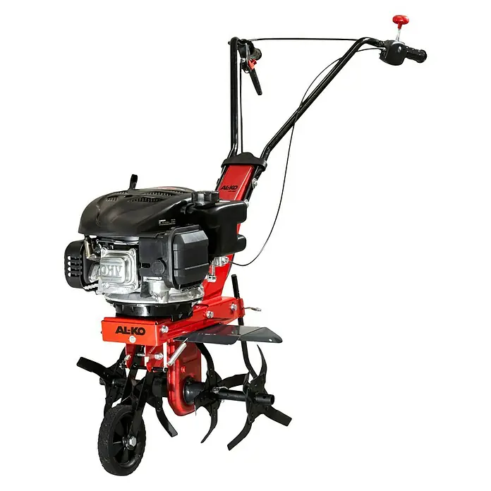 AL-KO Easy Benzin-Bodenhacke MH 360 - 2,2 kW, 4-Takt - Roter AL-KO Motorhacke mit schwarzem Motor, schwarzen Griffen und einem Rad. Ideal für Gartenarbeiten und Bodenbearbeitung.