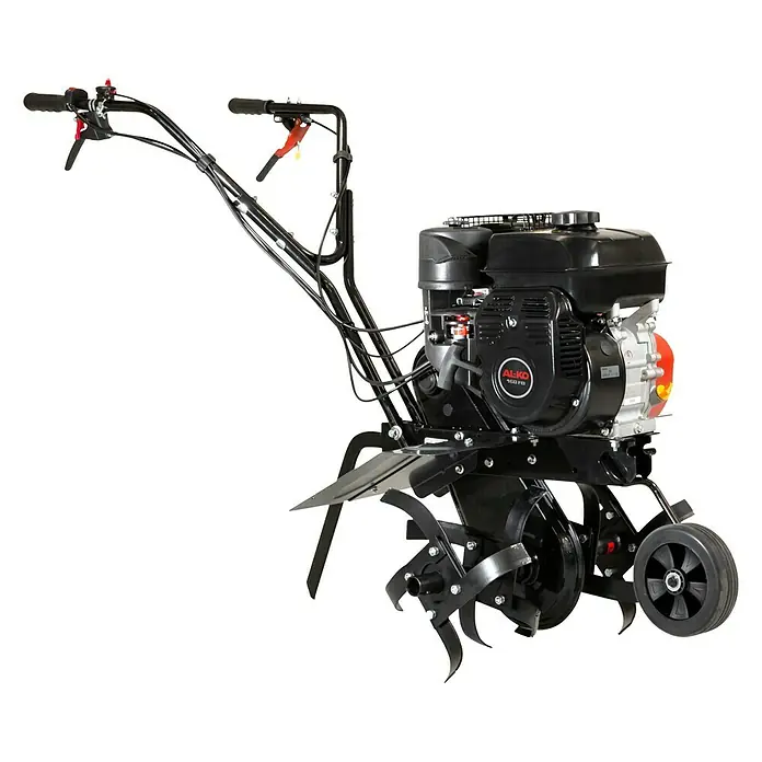 AL-KO Comfort Benzin-Bodenhacke MH 540 Comfort - 3,45 kW, 4-Takt, Max. Flächenempfehlung: 300 m² - Nahaufnahme einer schwarzen AL-KO Motorhacke, perfekt für die Gartenarbeit und Bodenbearbeitung. Das Gerät ist robust und leistungsstark.