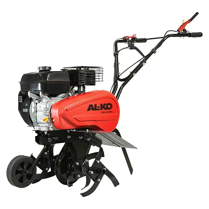 AL-KO Comfort Benzin-Bodenhacke MH 540 Comfort - 3,45 kW, 4-Takt, Max. Flächenempfehlung: 300 m² - Nahaufnahme einer AL-KO MH 540 Motorhacke, die für die Bodenbearbeitung in Gärten und anderen Anbauflächen konzipiert ist.