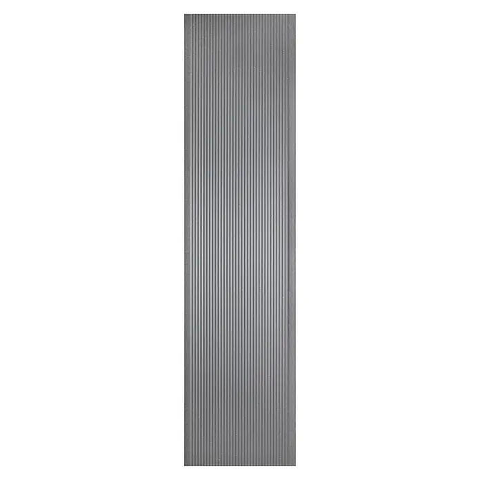 Kovalex WPC-Terrassendiele Massiv mit Struktur nach Maß - Grau, Unbehandelt, 580 x 14,5 x 2 cm - Ein graues, gerilltes Paneel mit feinen, vertikalen Linien und einem glatten Rahmen.
