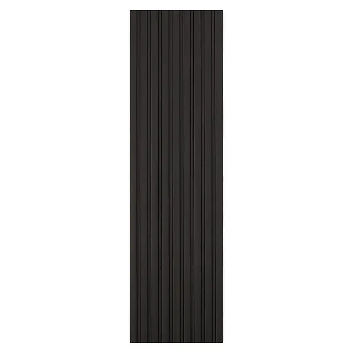 Kovalex WPC-Terrassendiele Exklusiv nach Maß - 300 x 14,5 x 2,6 cm, Graubraun - Nahaufnahme einer schwarzen Tür mit vertikalen Rillen, die ein modernes und stilvolles Design zeigt.