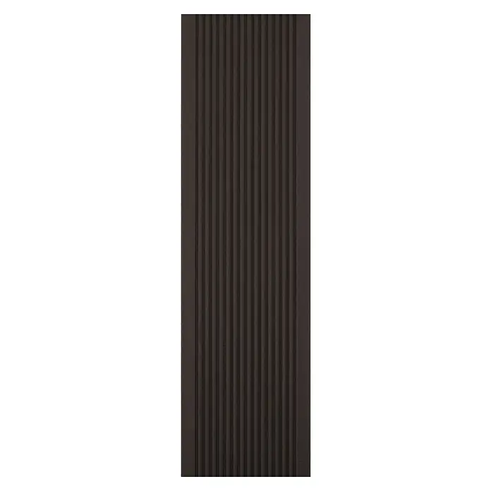 Kovalex WPC-Terrassendiele Exklusiv nach Maß - 420 x 14,5 x 2,6 cm, Schokobraun - Ein dunkles Paneel mit erhabenen, vertikalen Rillen, ideal für moderne Wandverkleidungen. Die Textur verleiht jedem Raum Tiefe und Interesse.
