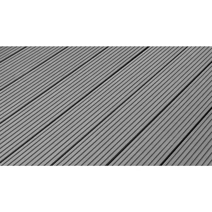 Kovalex WPC-Terrassenpaket Exklusiv - Grau, 3 x 3 m - Bild einer grauen Terrassendiele mit feinen Rillen für eine moderne und pflegeleichte Außenbereichgestaltung.