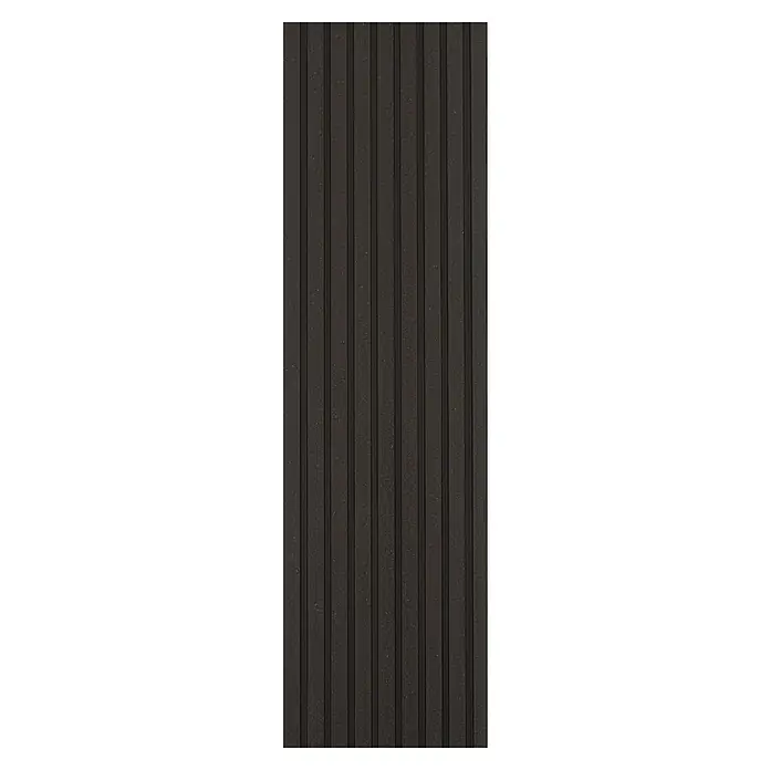 Kovalex WPC-Terrassendiele Exklusiv nach Maß - Graubraun, Gebürstet, 420 x 14,5 x 2,6 cm - Nahaufnahme einer dunklen, geriffelten Wandplatte, ideal für moderne Innen- und Außendesignprojekte, die Textur und Eleganz suchen.