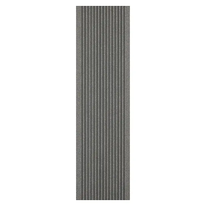 Kovalex WPC-Terrassendiele Exklusiv nach Maß - Grau, Gebürstet, 320 x 14,5 x 2,6 cm - Nahaufnahme einer gerillten, grauen Verbunddiele für den Außenbereich, ideal für Terrassen und Zäune. Langlebig und pflegeleicht.