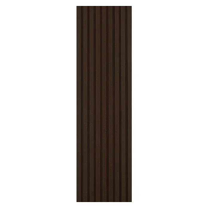 Kovalex WPC-Terrassendiele Exklusiv nach Maß - Schokobraun, Gebürstet, 300 x 14,5 x 2,6 cm - Nahaufnahme eines stilvollen, dunkelbraunen WPC-Terrassendielenprofils mit feiner Maserung und geradlinigem Design.