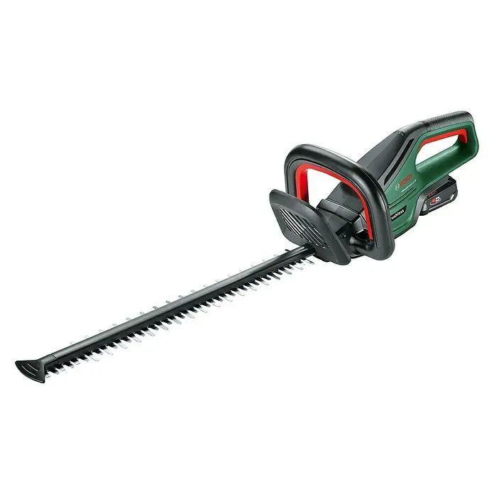 Bosch Power for All 18V Akku-Heckenschere UniversalHedgeCut 18V-50 - 18 V, Li-Ionen, 1 Akku, Schnittlänge: 50 cm - Akkubetriebene Heckenschere von Bosch mit schwarzem Griff und grünen Akzenten.