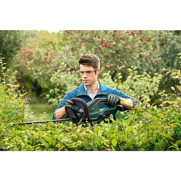 Bosch Power for All 18V Akku-Heckenschere UniversalHedgeCut 18V-50 - 18 V, Li-Ionen, 1 Akku, Schnittlänge: 50 cm - Mann schneidet Hecke mit grüner Bosch Akku-Heckenschere mit grauen Handschuhen und Schutzbrille.