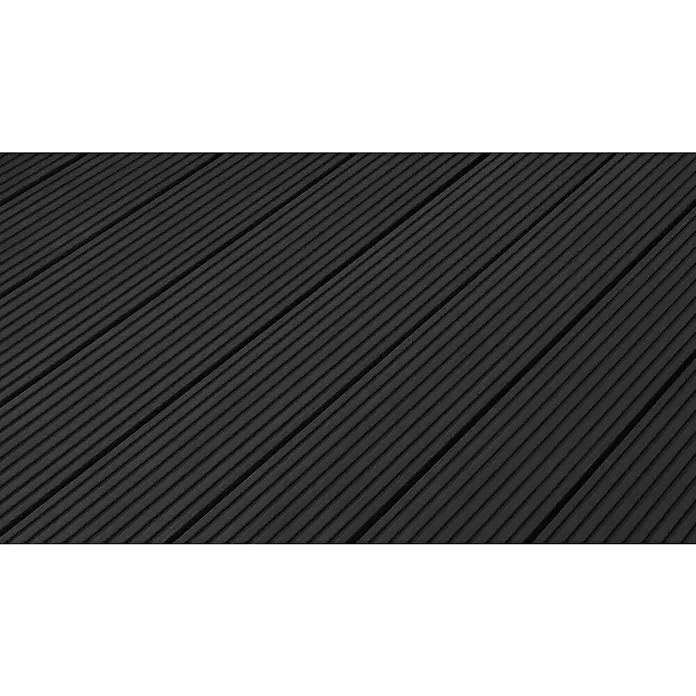 Kovalex WPC-Terrassendiele Exklusiv nach MaßAnthrazit, Mattiert, 330 x 14,5 x 2,6 cm - Diese Nahaufnahme zeigt eine Oberfläche aus geriffeltem, dunklem Terrassenholz, perfekt für den Außenbereich.